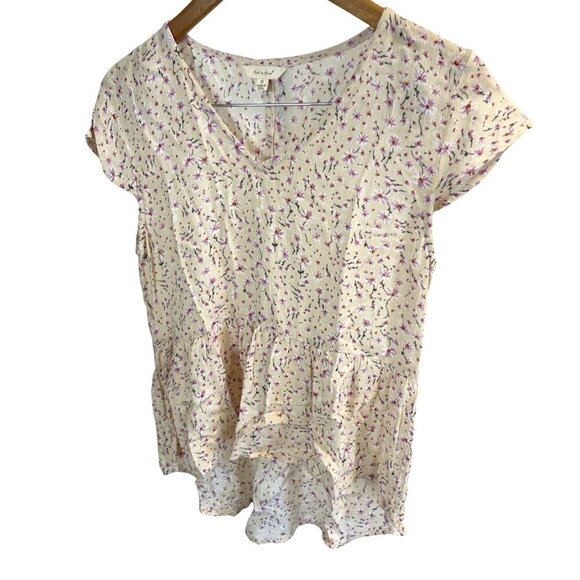 Sim and Sam Cream Floral V Neck Cap Sleeve Hi Lo Blouse Top Sz S - Picture 3 of 8